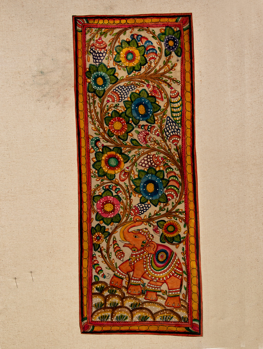 Andhra Leather Painted Wall Piece - Long Panel (Floral) - The India Craft House