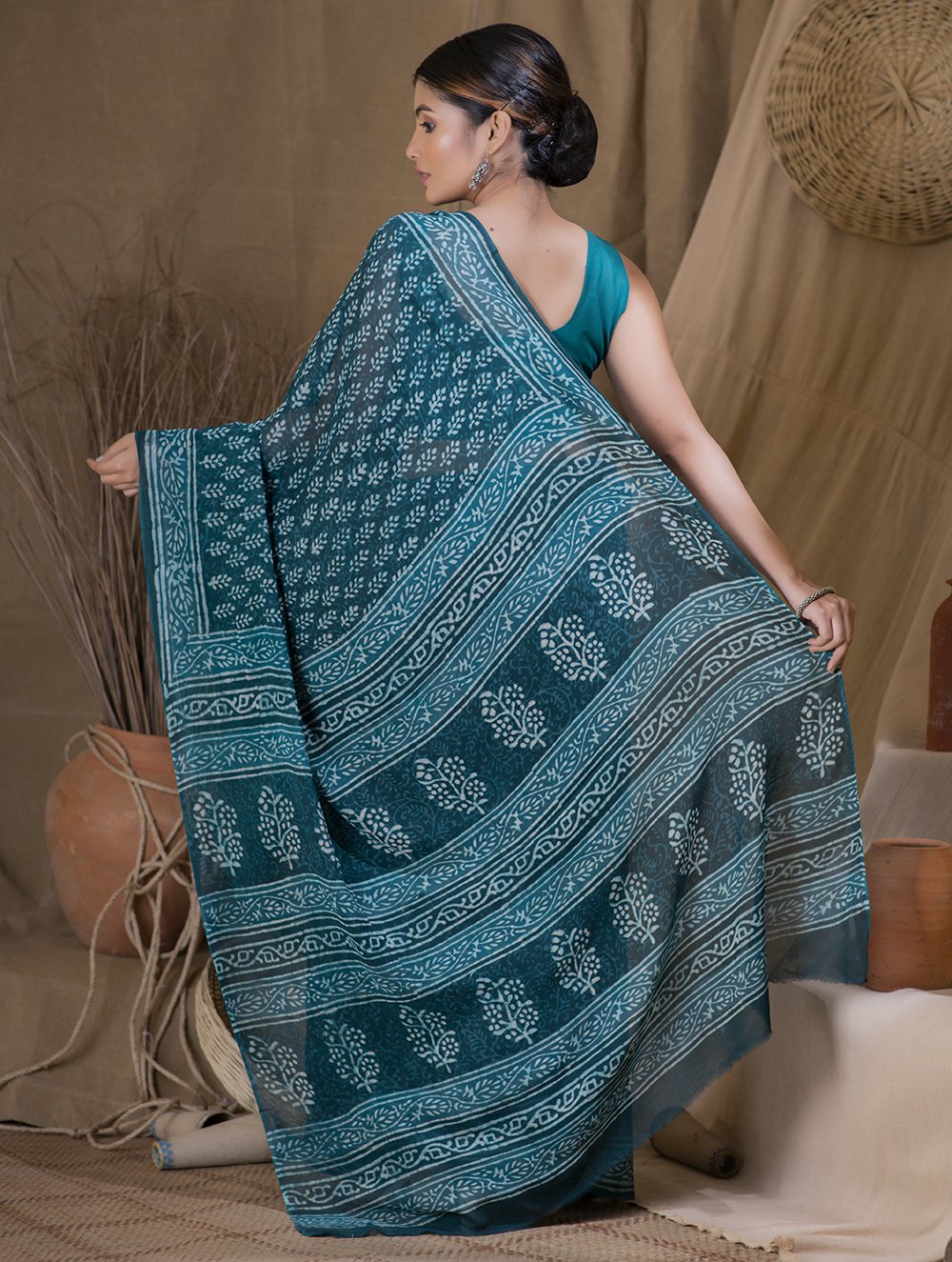 Bagru Block Printed Georgette Saree - Leaf Grace (With Blouse Piece)
