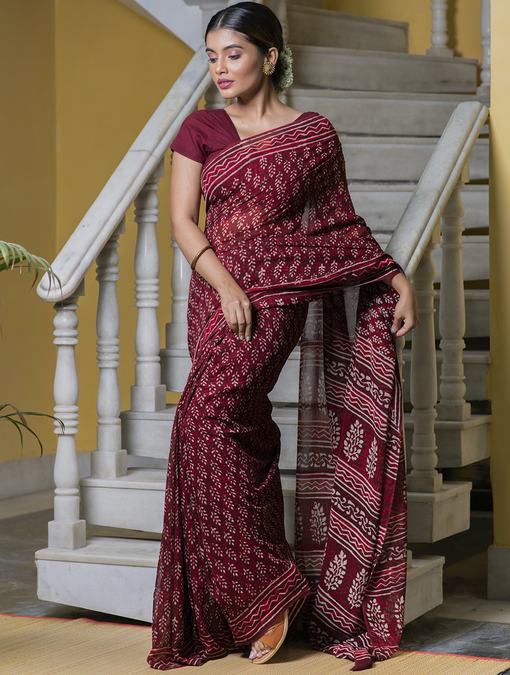Bagru Block Printed Georgette Saree - Maroon & White