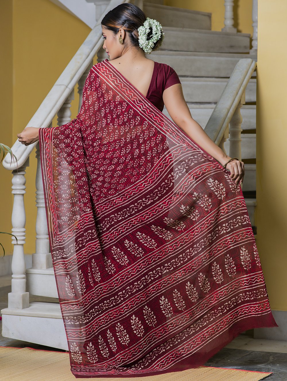 Bagru Block Printed Georgette Saree - Maroon & White