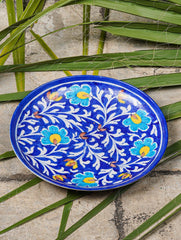 Blue Pottery Decorative Plate in Wooden Box - Floral (Royal Blue, Yellow; 8")
