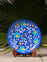 Blue Pottery Decorative Plate in Wooden Box - Floral (Royal Blue, Yellow; 8")