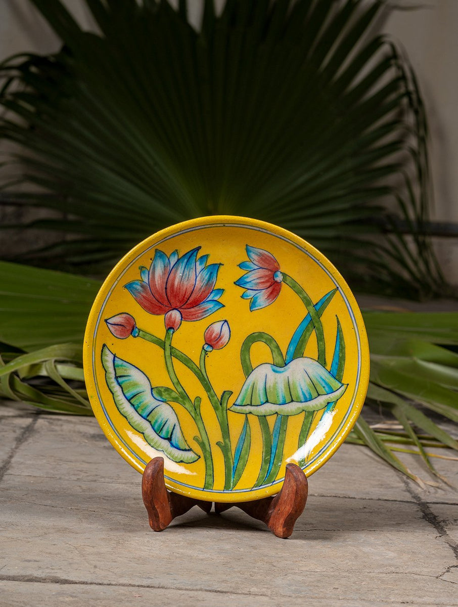 Buy Blue Pottery Decorative Plate in Wooden Box Lotus (Yellow; 8