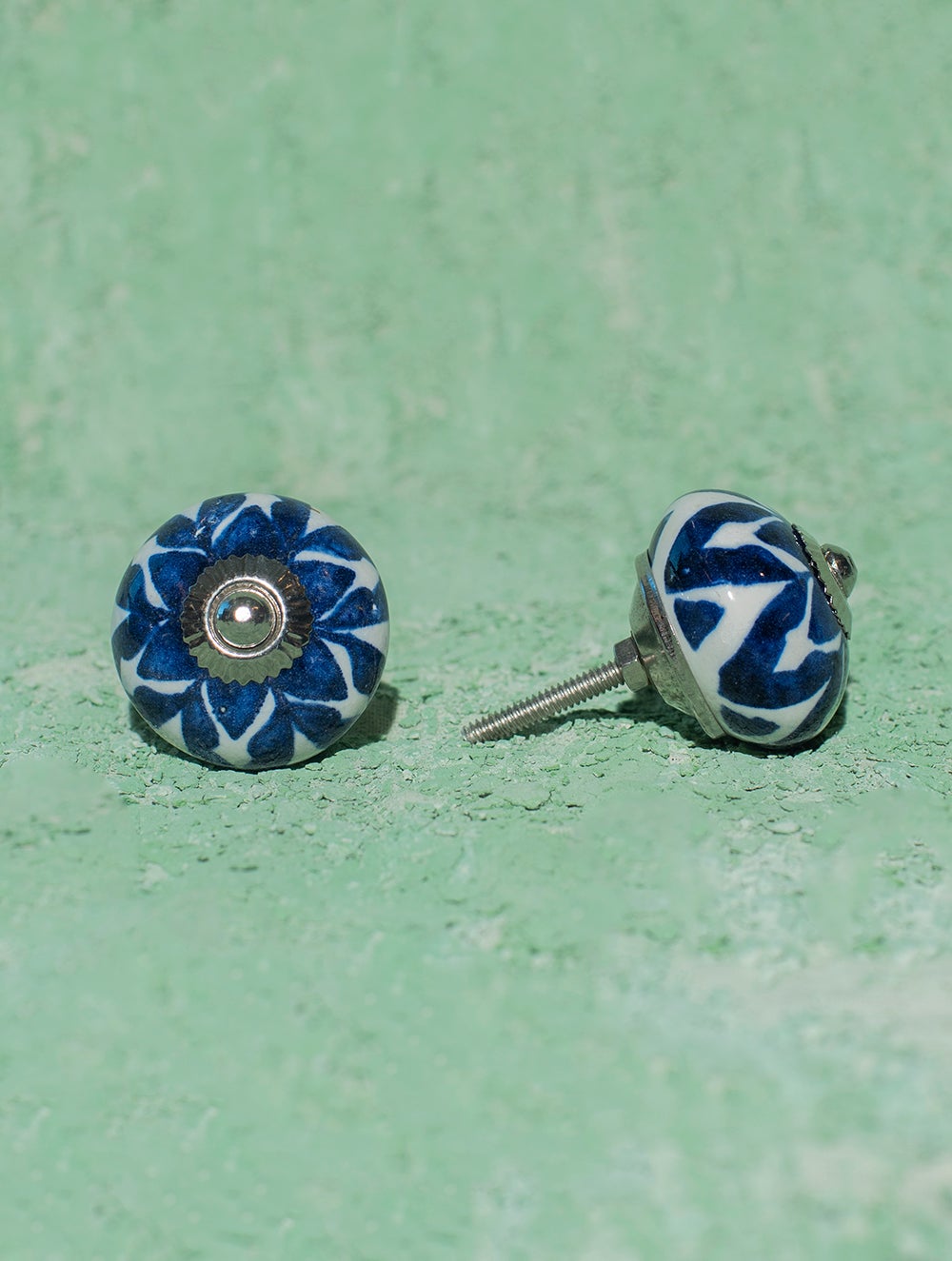 Blue Pottery Door Knobs - Blue Floral (Set of 2)
