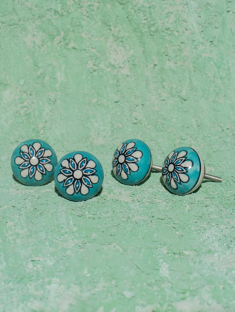 Blue Pottery Door Knobs - Sea Green Floral (Set of 4)