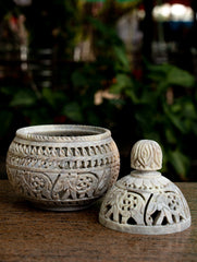 Carved Filigree Stone Round Tea Light Holder