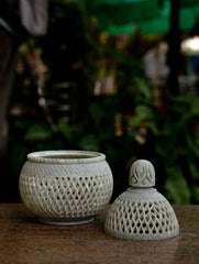 Carved Filigree Stone Round Tea Light Holder