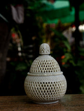 Carved Filigree Stone Round Tea Light Holder
