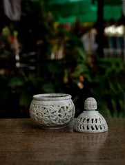 Carved Filigree Stone Round Tea Light Holder