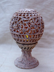 Carved Filigree Stone Round Tea Light Holder