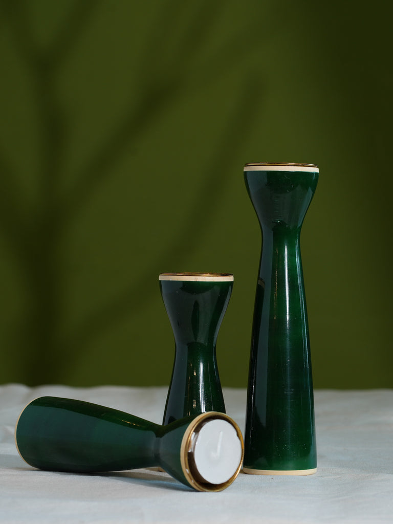 Channapatna Wood Craft Candle Stands - Emerald Green, (Set of 3)