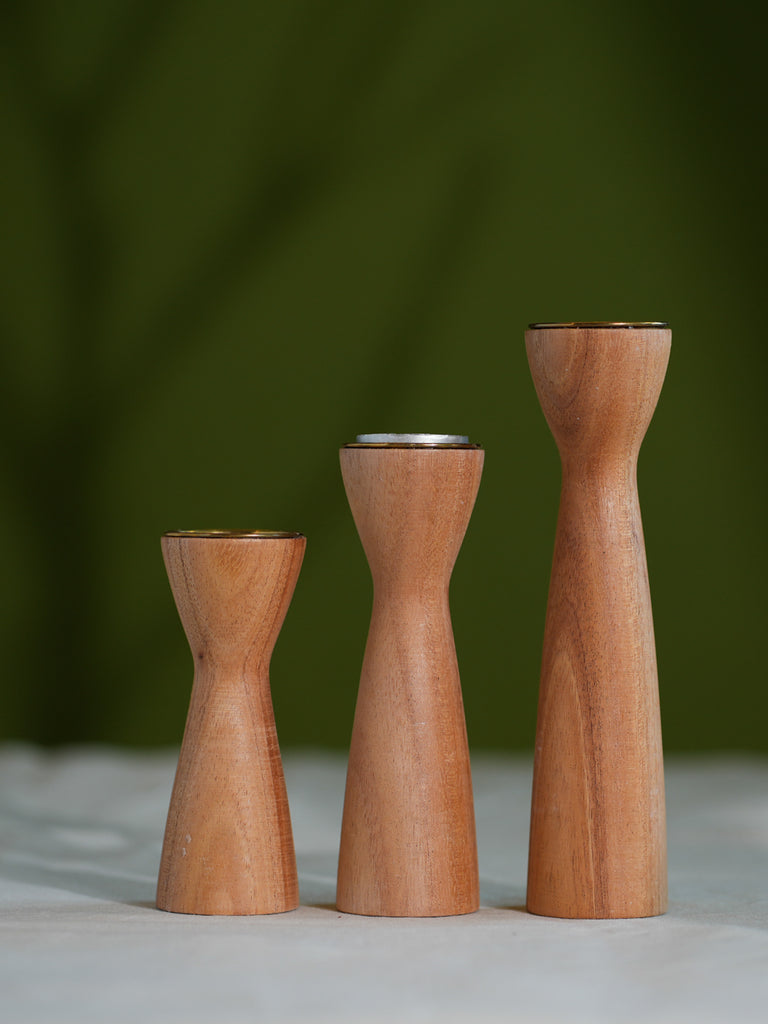 Channapatna Wood Craft Candle Stands - Natural, (Set of 3)