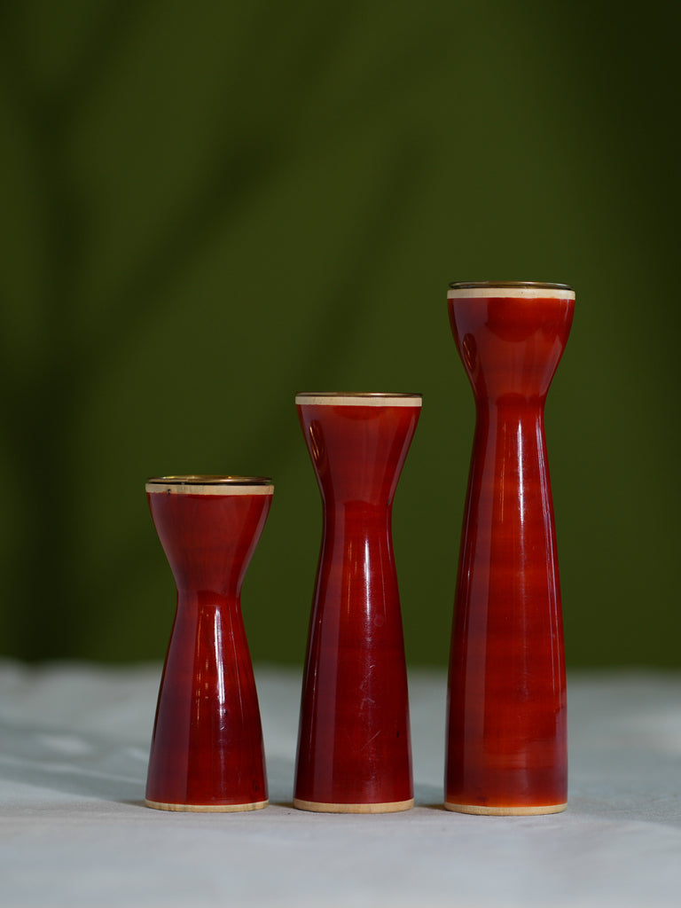 Channapatna Wood Craft Candle Stands - Warm Red, (Set of 3)