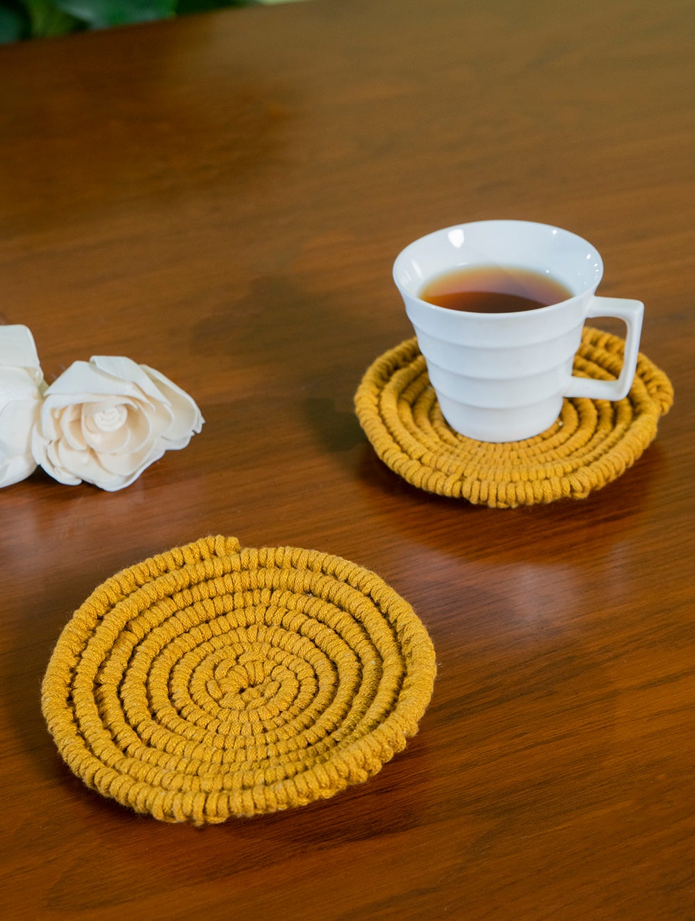 Load image into Gallery viewer, Classic Hand knotted Macramé Coaster Sets (Set of 2) - Mustard