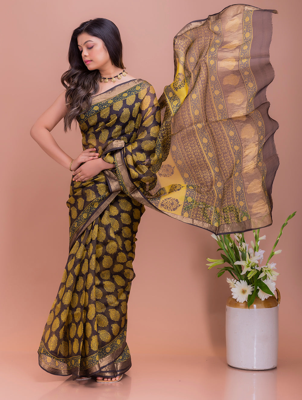 Classic Elegance. Bagru Block Printed Kota Silk Doria Saree - Yellow Paisleys