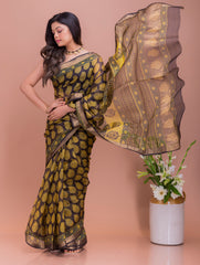 Classic Elegance. Bagru Block Printed Kota Silk Doria Saree - Yellow Paisleys