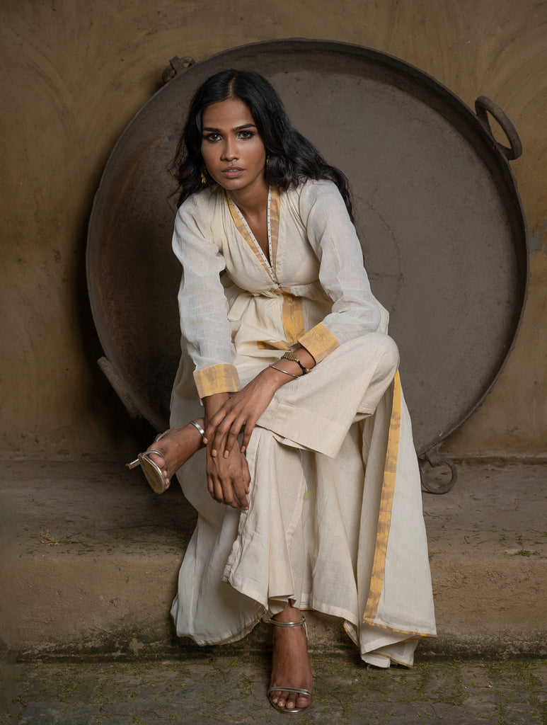 Classic Elegance. The Kerala Kasavu Cotton & Zari Long Ethnic Kurta / Dress - White & Gold. 