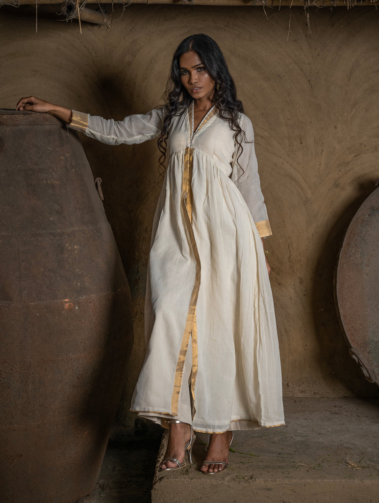 Classic Elegance. The Kerala Kasavu Cotton & Zari Long Ethnic Kurta / Dress - White & Gold. 