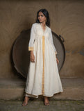 Classic Elegance. The Kerala Kasavu Cotton & Zari Long Ethnic Kurta / Dress - White & Gold.