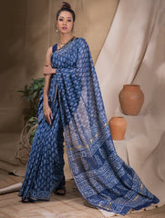 Dabu Block Printed Chanderi Saree - Leaf (With Blouse Piece)