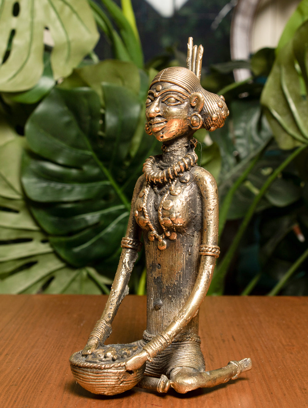 Dhokra Craft Curio (Medium) - Lady with Basket - The India Craft House