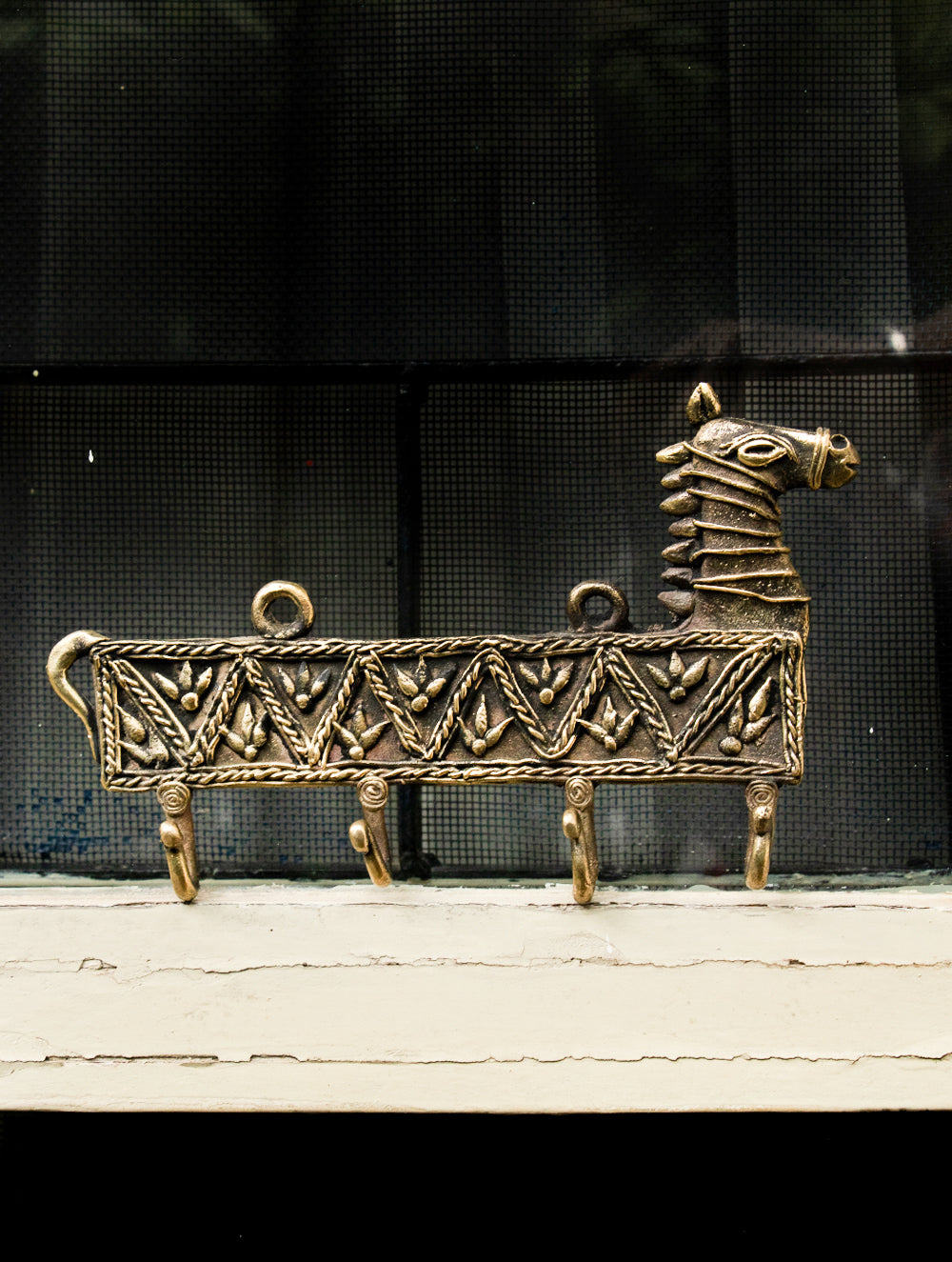Dhokra Craft Wall Hanger - Horse (Medium; 4 Hooks) - The India Craft House