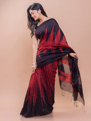 Elegant Bengal Handwoven Matka Silk Shibori Saree - Black & Red