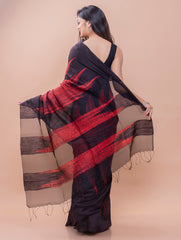 Elegant Bengal Handwoven Matka Silk Shibori Saree - Black & Red