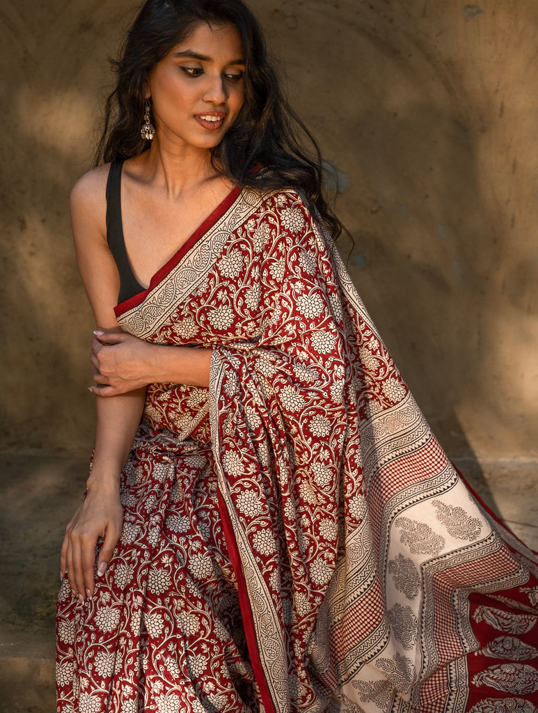 Exclusive Bagh Hand Block Printed Cotton Saree - Floral Medley