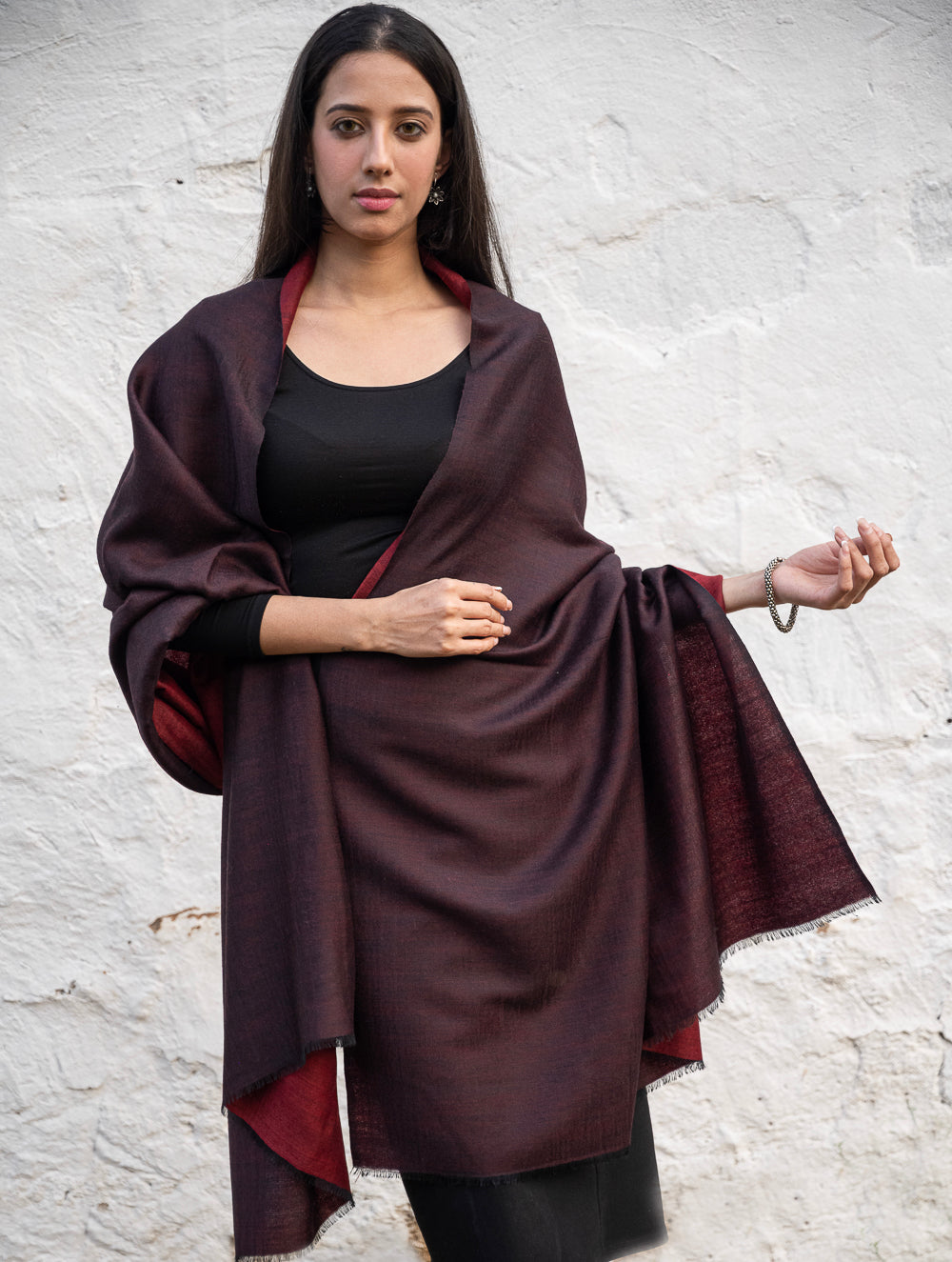 Load image into Gallery viewer, Exclusive Reversible Soft Kashmiri Wool Shawl - Wine Red &amp; Dark Brown