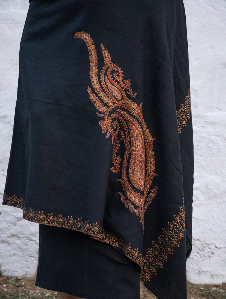 Exclusive, Fine Hand Embroidered Kashmiri Shawl - Black Paisleys