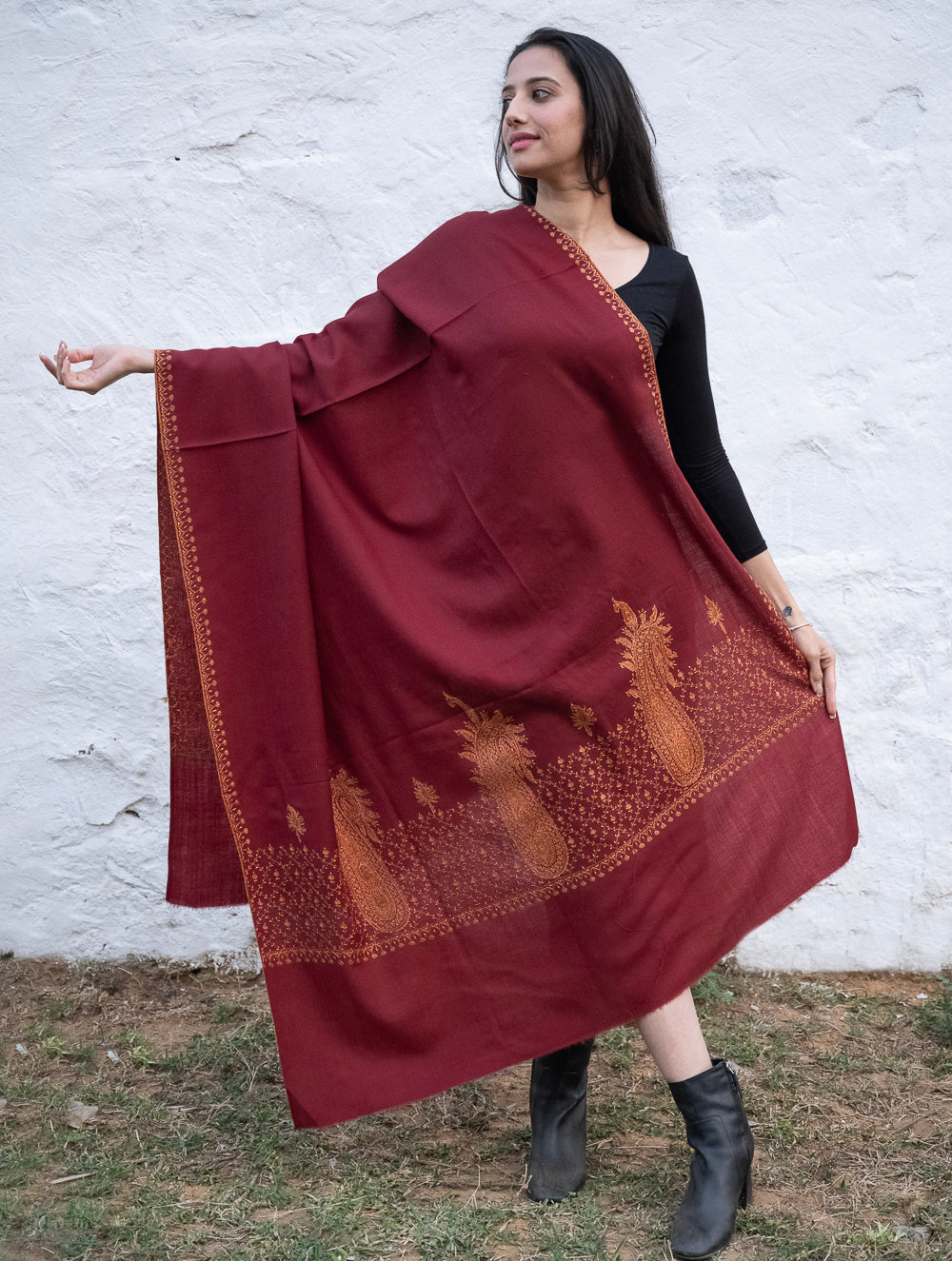 Load image into Gallery viewer, Exclusive, Fine Hand Embroidered Kashmiri Shawl - Dark Red Ornate