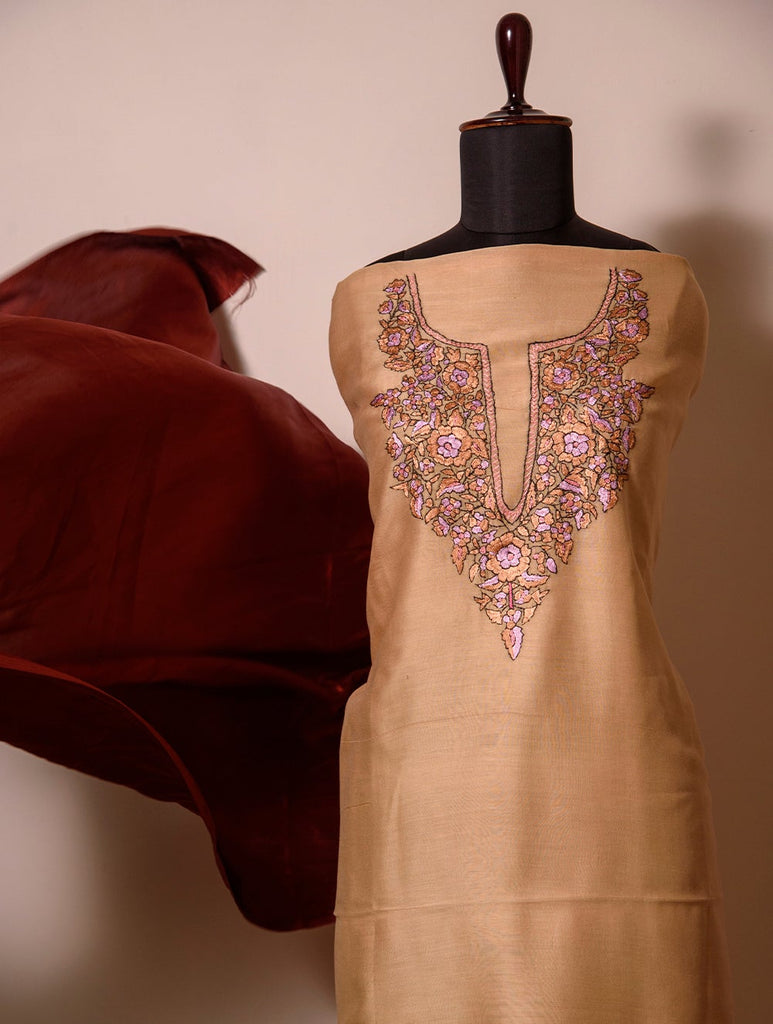 Exclusive, Fine Kashmiri Hand Embroidered Chanderi Kurta / Dress Fabric - Beige