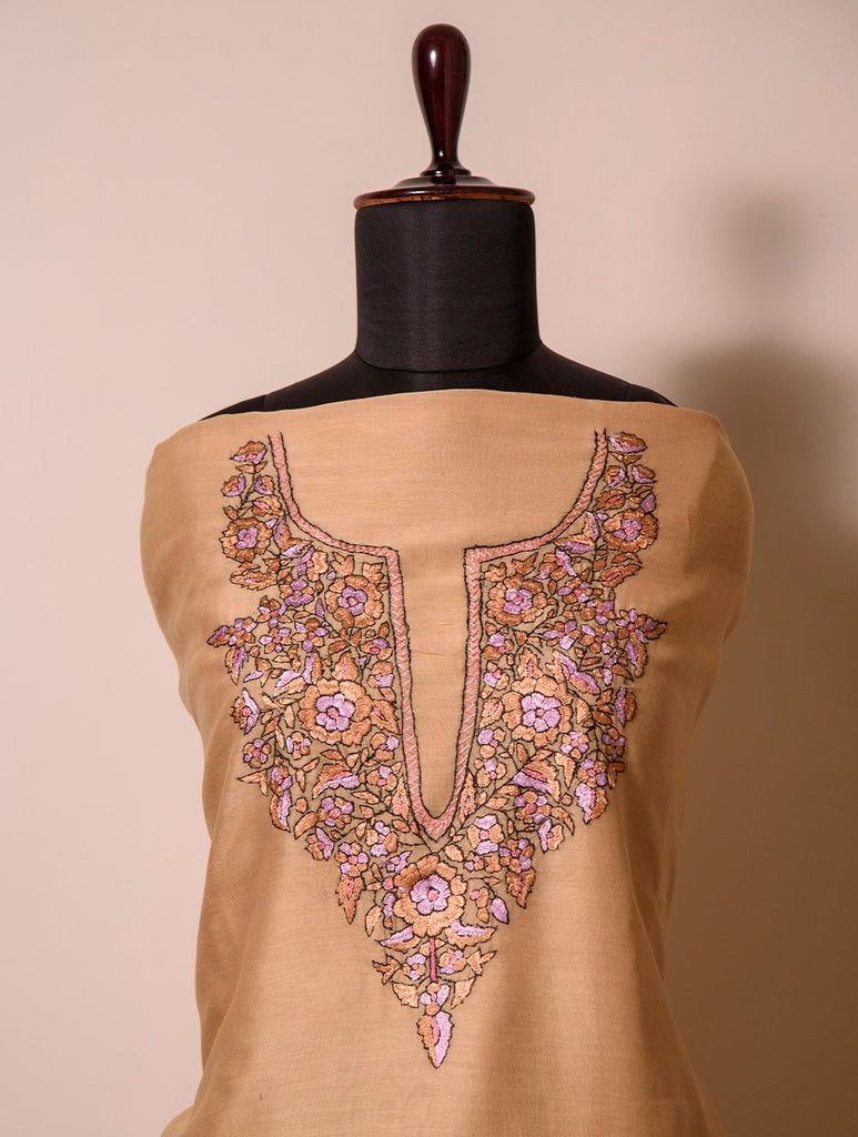 Exclusive, Fine Kashmiri Hand Embroidered Chanderi Kurta / Dress Fabric - Beige