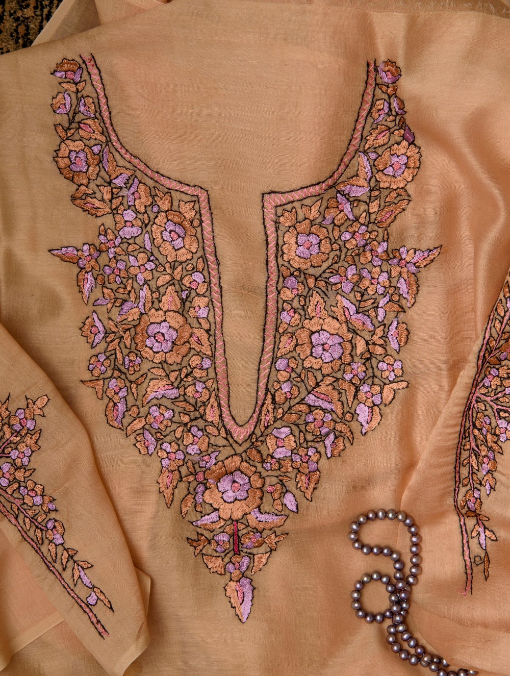 Load image into Gallery viewer, Exclusive, Fine Kashmiri Hand Embroidered Chanderi Kurta / Dress Fabric - Beige