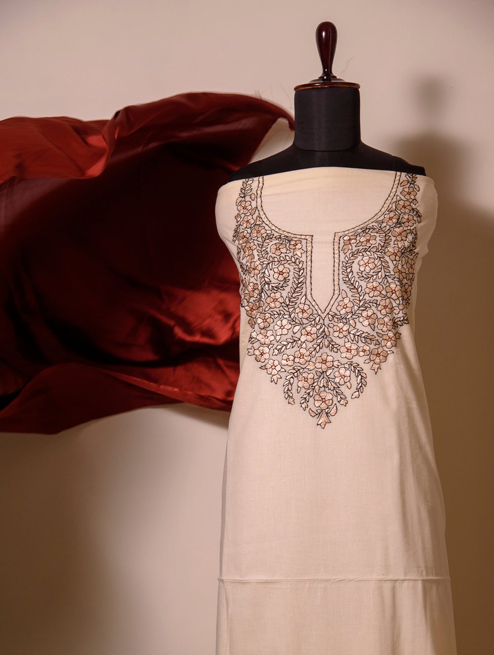 Exclusive, Fine Kashmiri Hand Embroidered Cotton Kurta / Dress Fabric - Shades of Cream