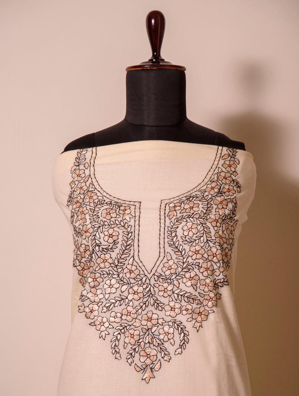 Exclusive, Fine Kashmiri Hand Embroidered Cotton Kurta / Dress Fabric - Shades of Cream