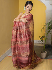 Festive & Exclusive Tassar Silk Bagru Saree (With Blouse Piece) - Warm Pink, Beige & Dull Gold