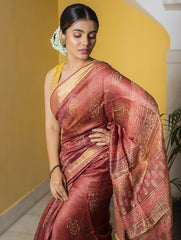 Festive & Exclusive Tassar Silk Bagru Saree (With Blouse Piece) - Warm Pink, Beige & Dull Gold