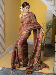 Festive & Exclusive Tassar Silk Bagru Saree (With Blouse Piece) - Warm Red, Beige & Dull Gold