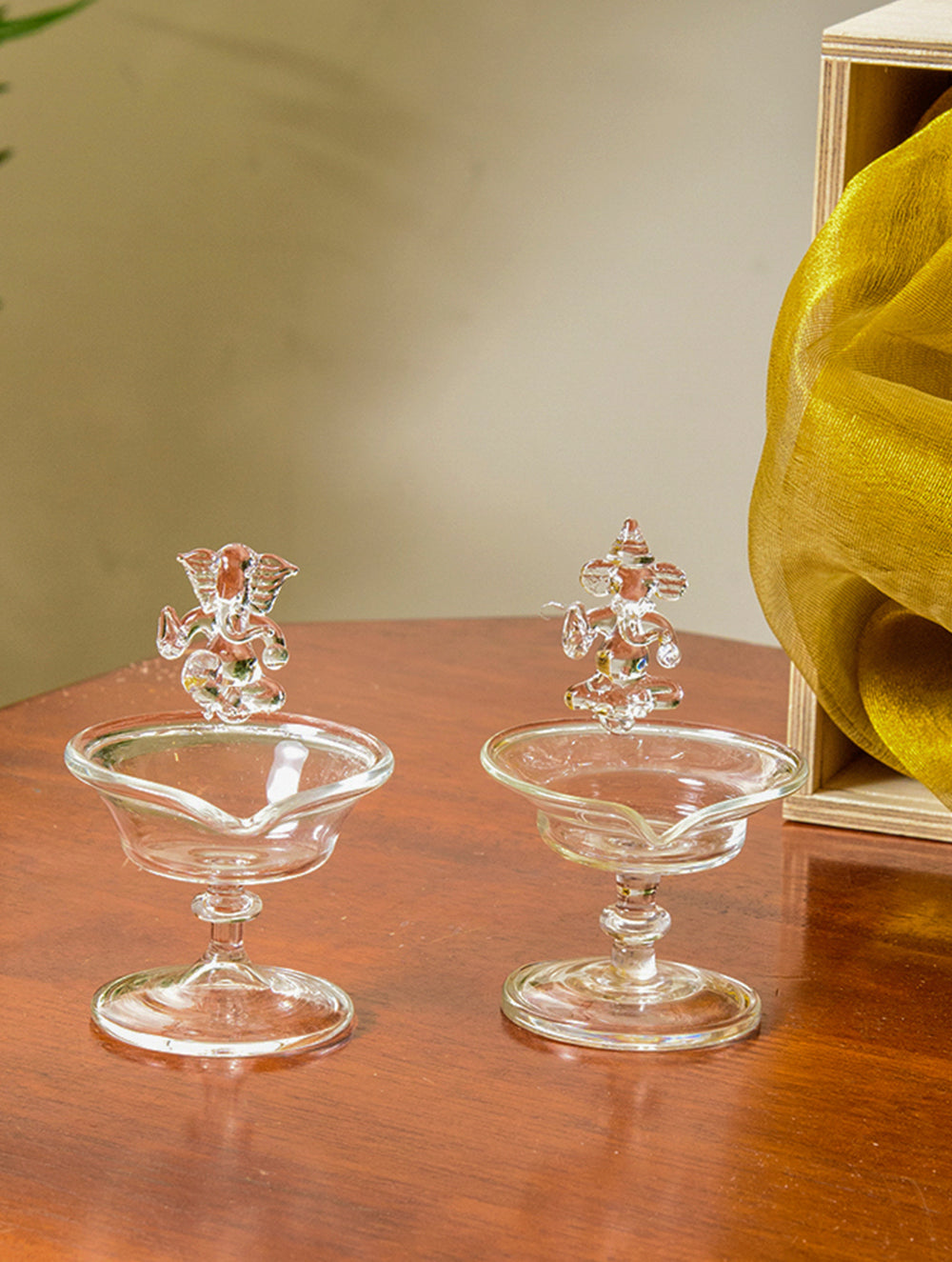 Fine Crystal Glass Ganesha Diyas (Set of 2) (Small)
