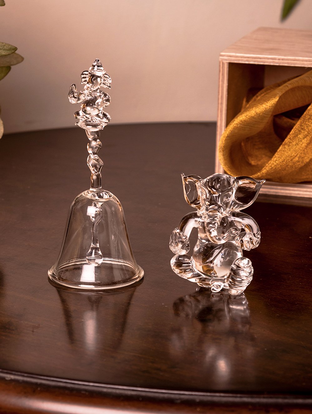 Fine Crystal Glass Ganesha + Bell (Set of 2)