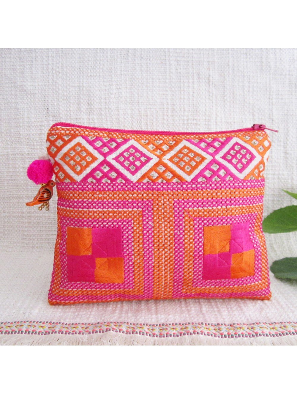 Fuchsia Orange Square Emb Pouch