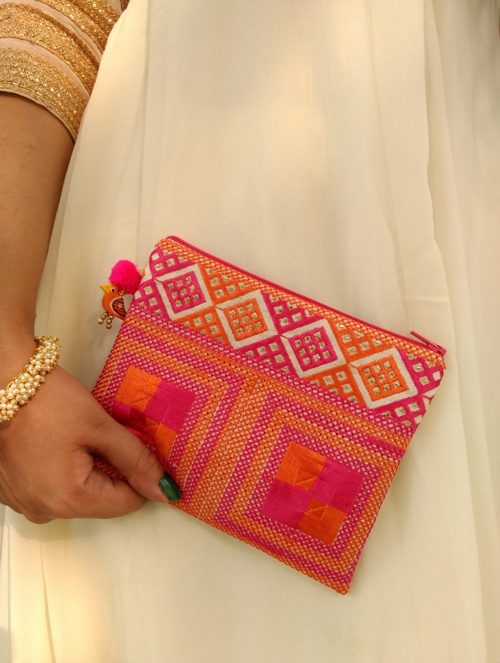 Fuchsia Orange Square Emb Pouch