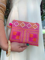 Fuchsia Orange Square Emb Pouch