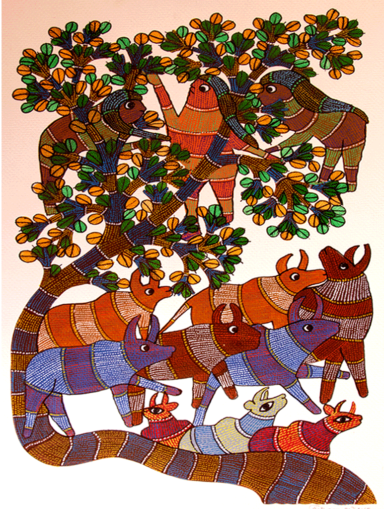 Gond Art Painting Large (20" x 14") - Trees, Birds, Cows - The India Craft House 