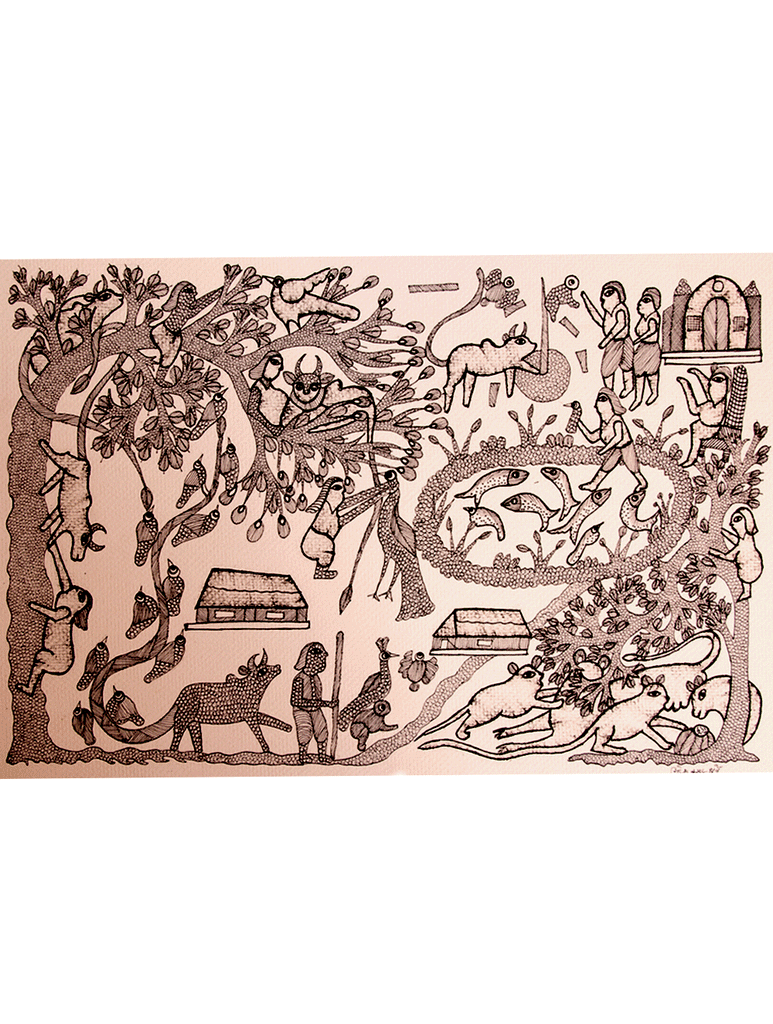 Gond Art Painting Large (20" x 14") - Village Scene - The India Craft House 