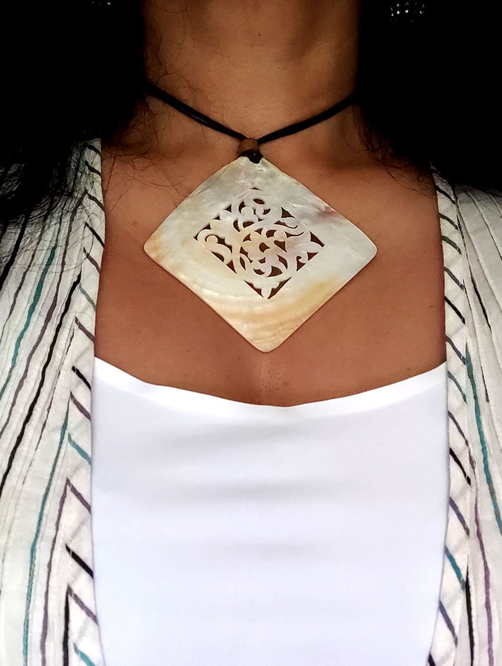 Handcrafted Filigree Shell Pendant on Thread - Diamond Shaped