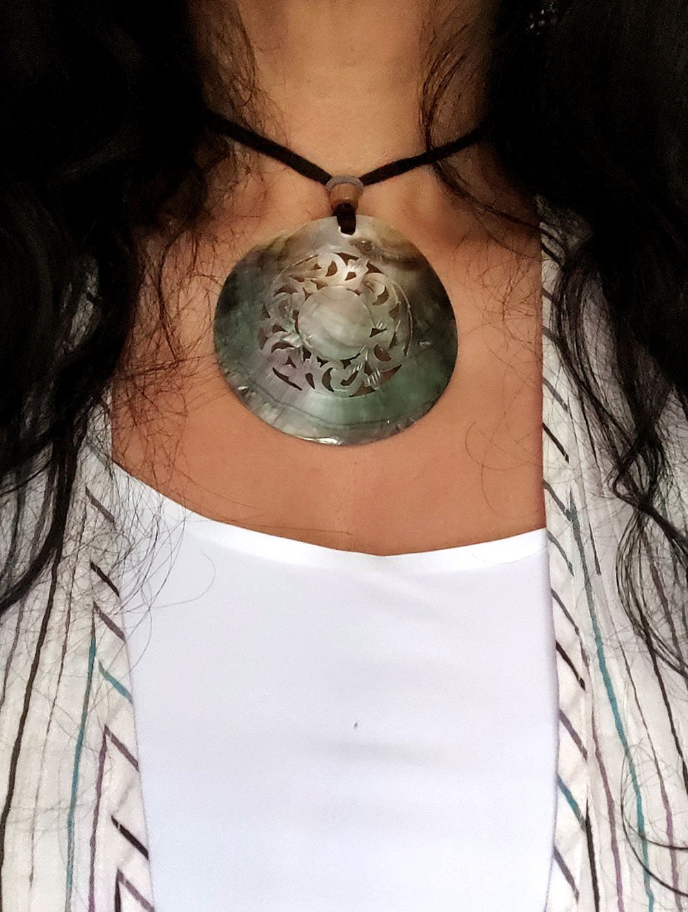 Handcrafted Filigree Shell Pendant on Thread - Round