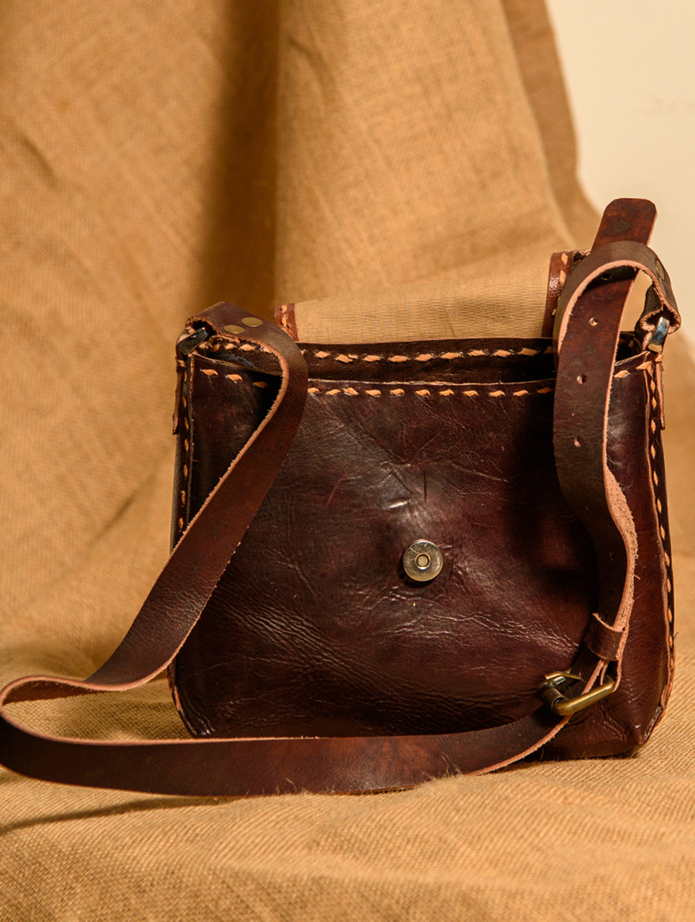Handcrafted Jawaja Leather Bag with Contrast Hand Stitch Detail